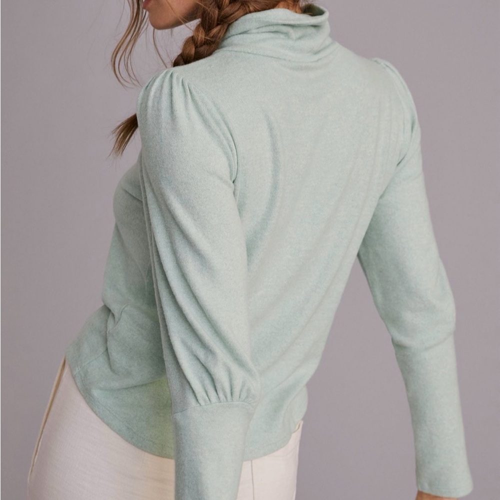 Anthropologie Mint Green Puff-Sleeved Turtleneck Top - Picture 2 of 11